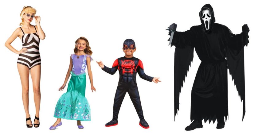 Barbie, Little Mermaid, Miles Morales, and Ghostface costumes