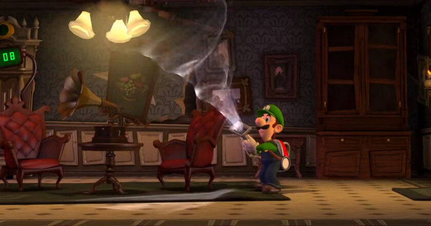 Luigi vacuums a ceiling fan in an effort to draw out a ghost in Luigi's Mansion: Dark Moon
