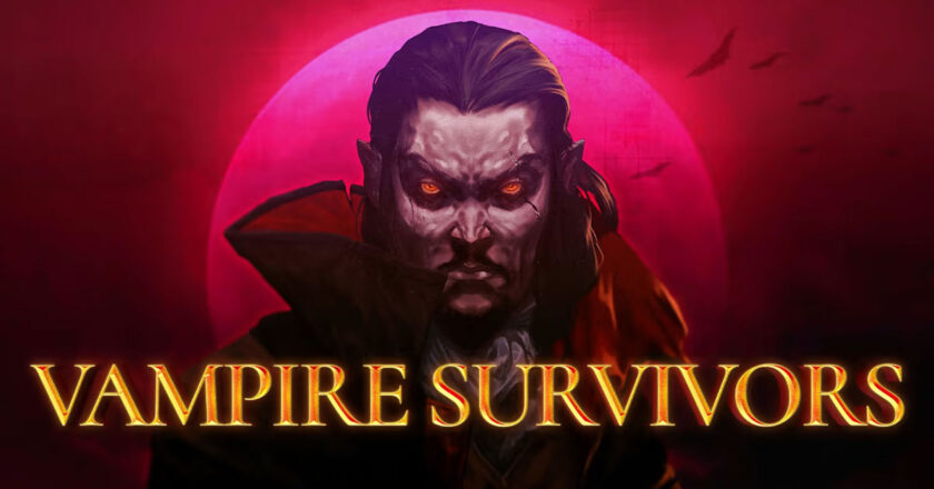 Vampire Survivors key art featuring a vampire in front of a red moon