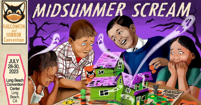 Midsummer Scream 2023 key art featuring kids playing a haunted house board game