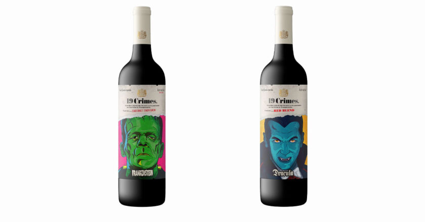 Bottles of 19 Crimes Frankenstein Cabernet and Dracula Red Blend
