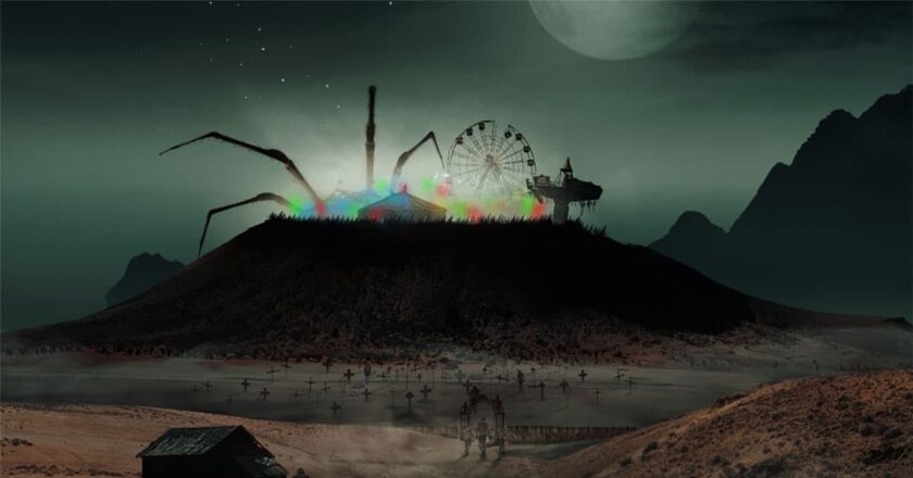 ScareScape key art featuring a decrepit carnival on the top of a hill