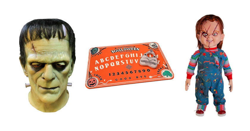 Trick or Treat Studios Boris Karloff Frankenstein Mask, Halloween III: Season of the Witch - Witch Board, and Seed of Chucky, Chucky doll