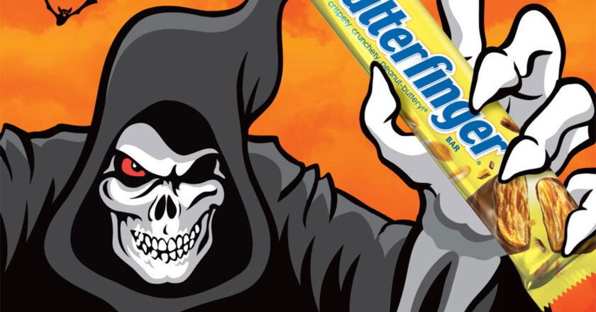 The Spirit Reaper holding a Butterfinger bar