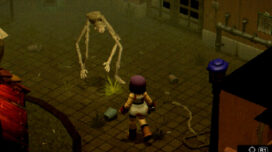 Mara Forest approaches a thin, white, creature with spider-like legs and arms in Crow Country.