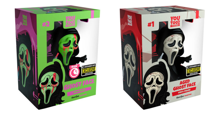 Entertainment Earth Exclusive glow-in-the-dark and aged Ghost Face variant vinyl figures in packaging.
