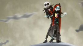 Jack and Sally Skullector Dolls in front of an image of a moon