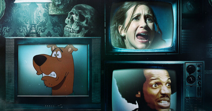 TV screens showing images from horror movies