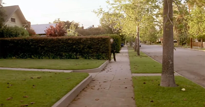 Michael Myers hides peers from behind a hedge in "Halloween"