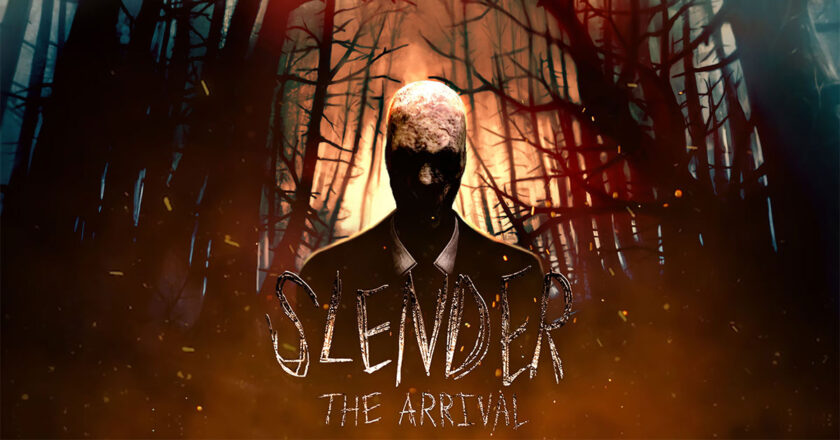 Slender: The Arrival key art featuring Slenderman standing in a forest