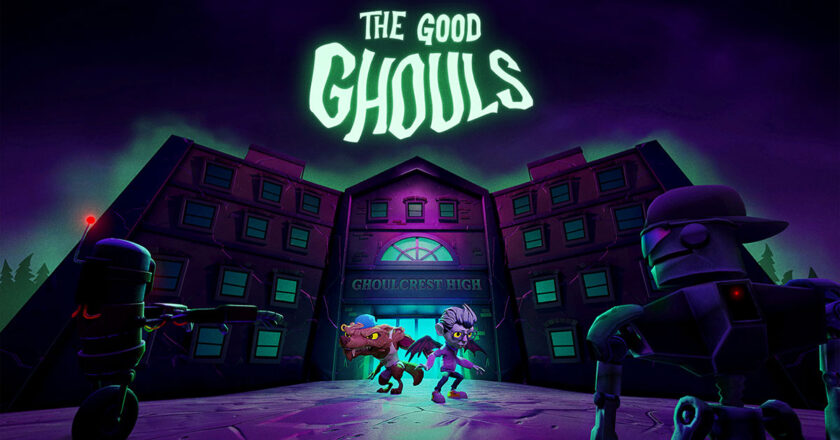 The Good Ghouls key art featuring two monsters cornered by robots in front of Ghoulcrest High