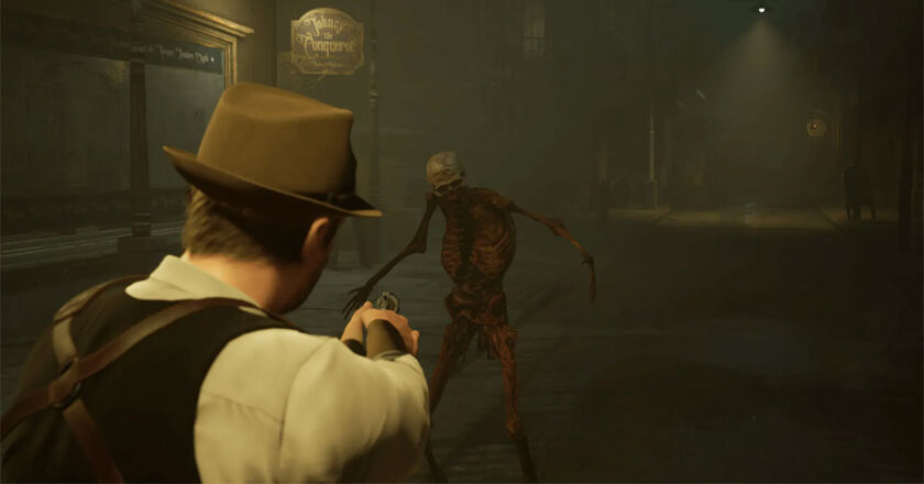 Edward points a gun at a skeleton walking towards him on a dark street in Alone in the Dark