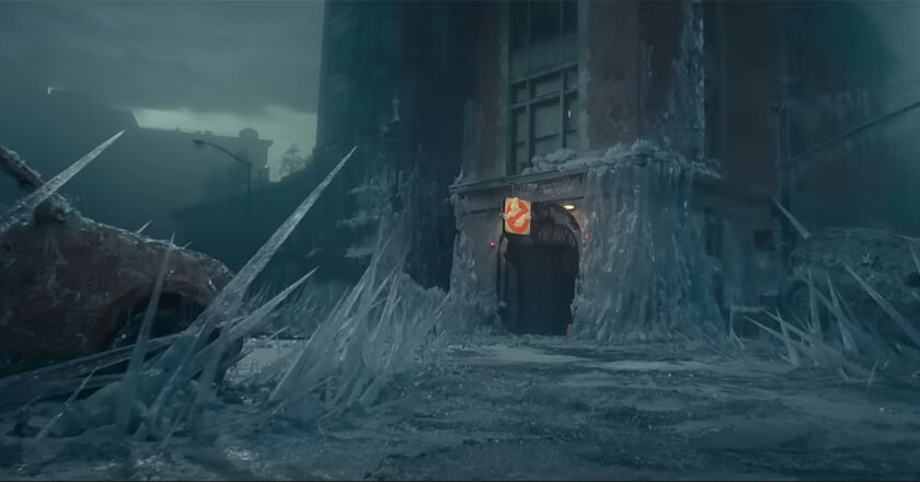 The Ghostbusters firehouse frozen over from the Ghostbusters: Frozen Empire trailer