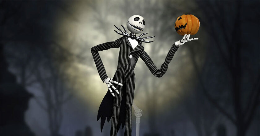 NECA's nine inch Jack Skellington Articulated Figure holding its jack-o'-lantern accessory