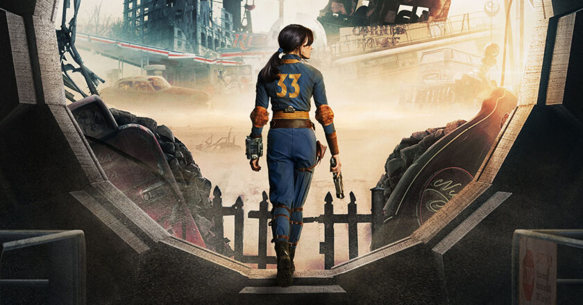 Lucy exiting Vault 33 on the poster for Prime Video's "Fallout" series