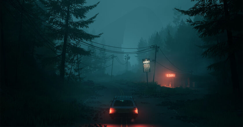 A station wagon driving past an abandoned gas station in a foggy twilight