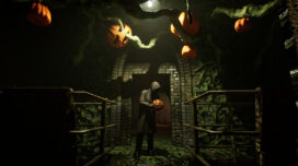 Screenshot from "Paranoid" featuring a hooded figure holding a jack-o'-lantern