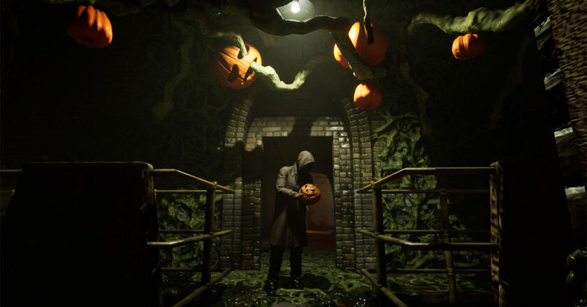 Screenshot from "Paranoid" featuring a hooded figure holding a jack-o'-lantern