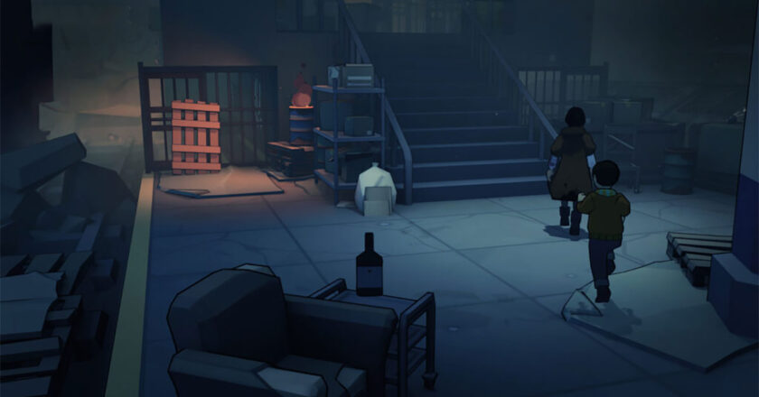 A screen capture from UNDYING with mother and son navigating a dimly lit train platform.