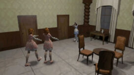 Alisa aims a gun at doll-like creatures in the video game "Alisa."