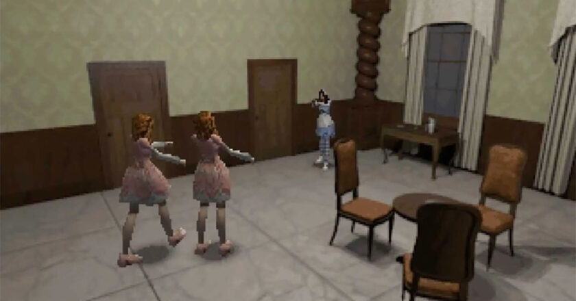 Alisa aims a gun at doll-like creatures in the video game "Alisa."
