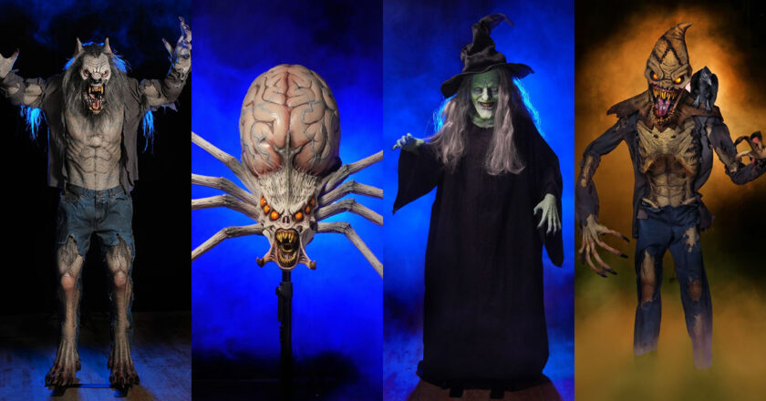 Scare Wolf Legend, Alien Spider, Wicked Witch Legend, and Scarecrow Wrath Halloween props from Distortions Unlimited