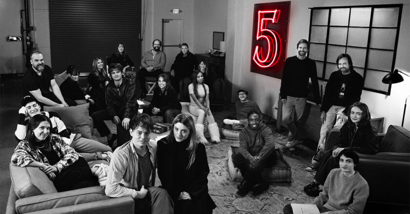 Black and white photo of the "Stranger Things 5" cast