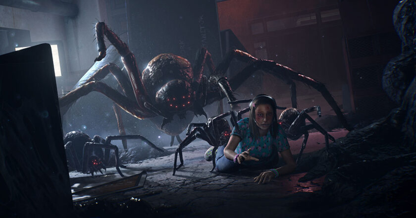 Survivor Sam crawling on the floor while being overtaken by giant spiders in a scene from "Last Year"