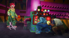 Two humans hide behind a Klown machine as a Killer Klown stands nearby with a balloon animal dog on a leash