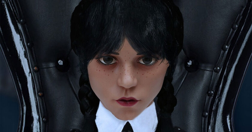 The face of Mezco Toyz's Wednesday MDS Roto Plush