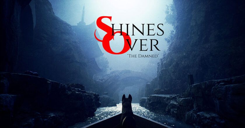 Shines Over: The Damned cover art featuring a dog at the front of a boat in a dark canyon