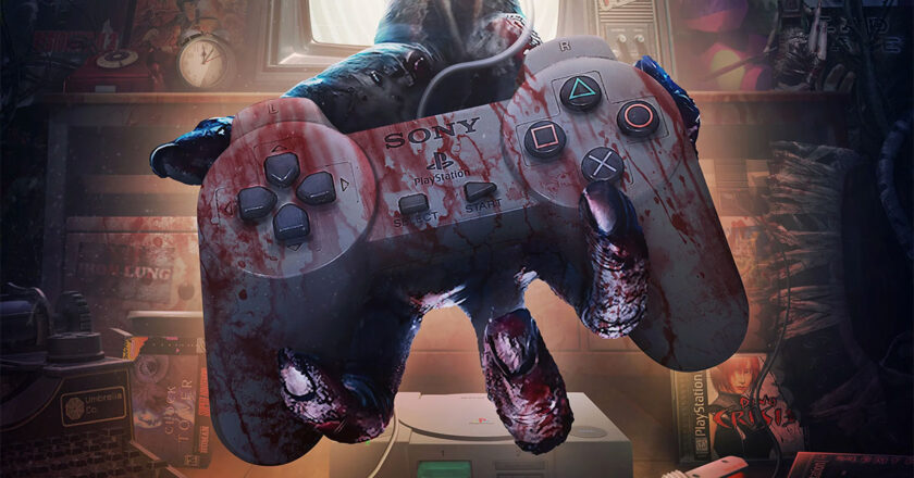 Zombie hand coming through a television screen holding a PlayStation controller