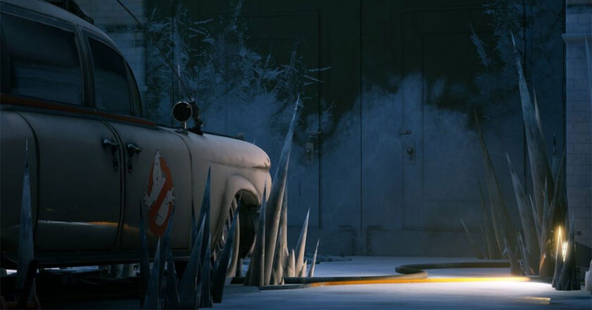 Ghostbusters Ecto-1 surrounded by ice spikes in "Ghostbusters: Spirits Unleashed"