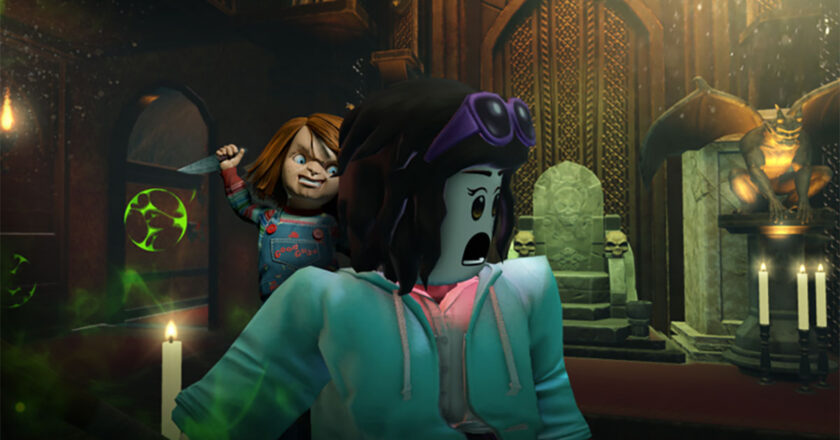 Chucky raises a knife to stab a Roblox character in the back in "Griefville"