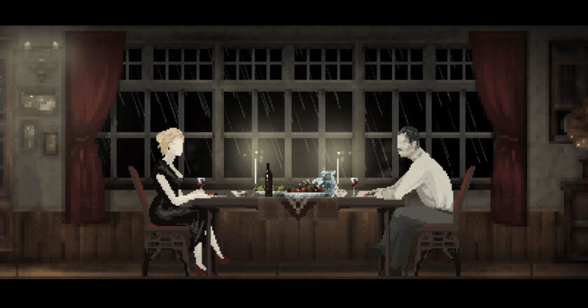 Loretta and Walter sit at the dinner table on a rainy night in "Loretta"