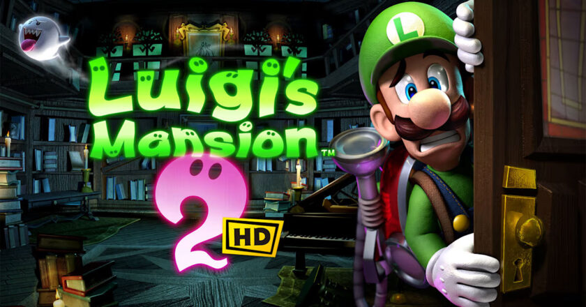 Luigi's Mansion 2 HD key art featuring Luigi cowering behind a door in a library.