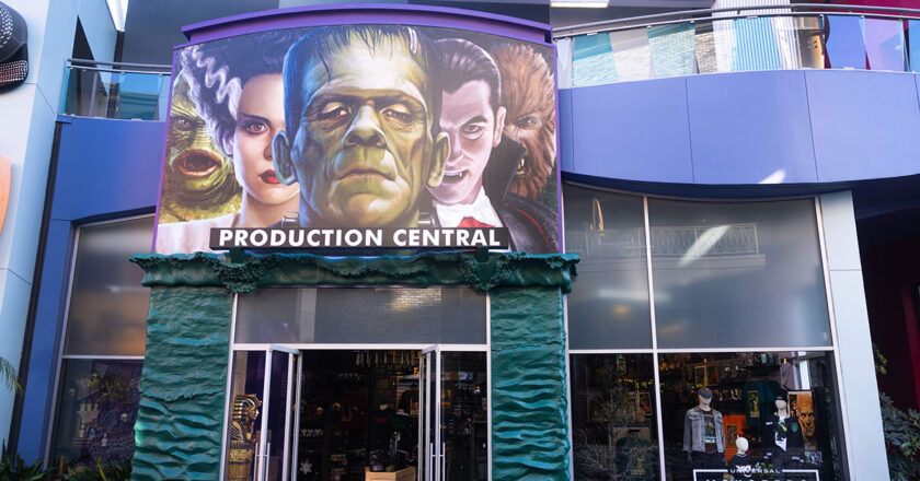 Entrance to Universal Monsters at Production Central featuring an image of the Universal Monsters
