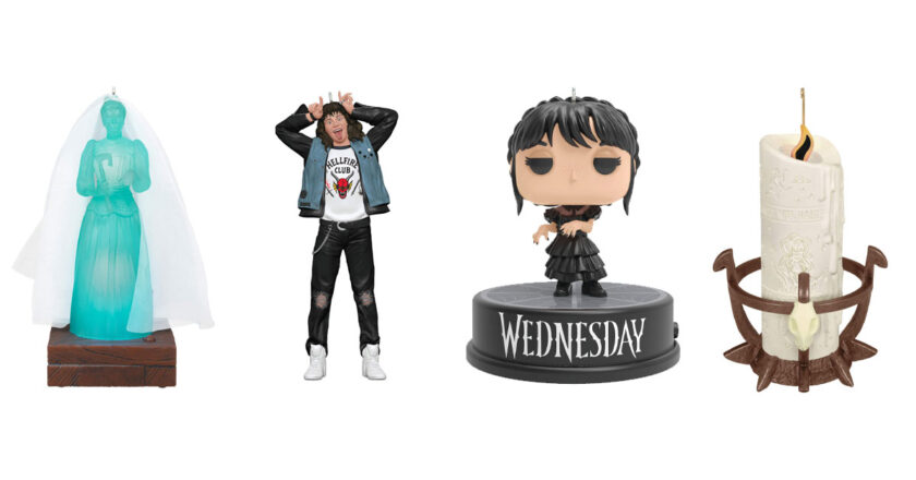 Constance Hatchaway, Eddie Munson, Wednesday Addams, and the Black Flame Candle Keepsake Ornaments from Hallmark's Dream Book 2024