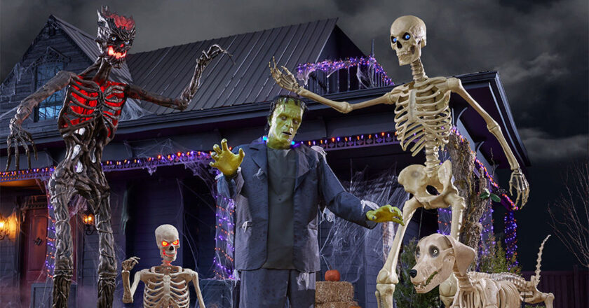 Inferno Deadwood Skelly, Ultra Poseable Skeleton, Frankenstein's Monster, 12-foot Skelly, and Skelly's Dog