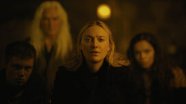Oliver Finnegan as Daniel, Olwen Fouere as Madeline, Dakota Fanning as Mina and Georgina Campbell as Ciara in "The Watchers"