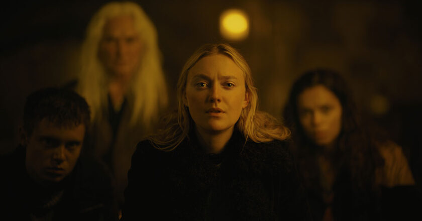 Oliver Finnegan as Daniel, Olwen Fouere as Madeline, Dakota Fanning as Mina and Georgina Campbell as Ciara in "The Watchers"