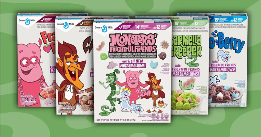 Monsters' Frightful Friends, Franken Berry, Count Chocula, Carmella Creeper, and Boo Berry cereals