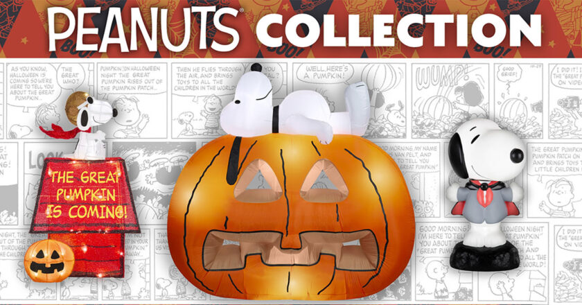 Snoopy as Flying Ace on Doghouse, Snoopy Atop Great Pumpkin, and Snoopy as Vampire Halloween decorations