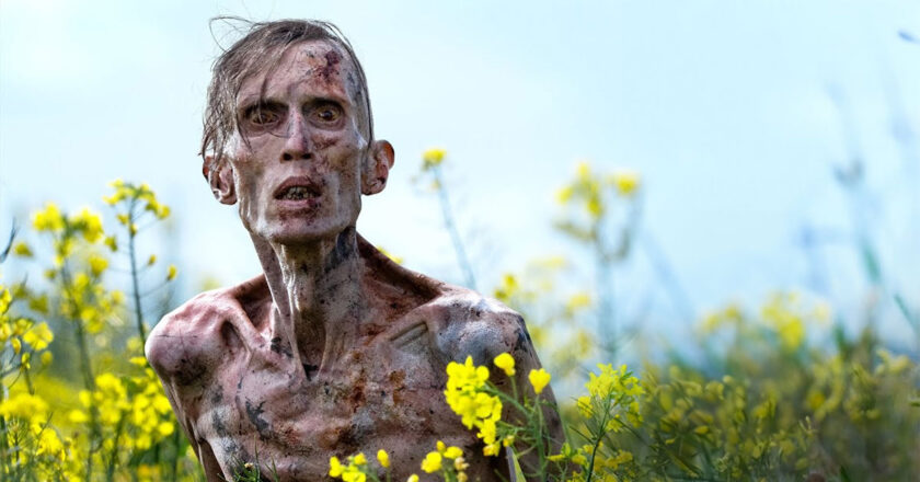 An infected from 28 Years Later in a field of yellow flowers