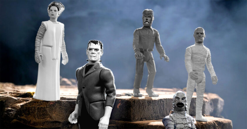 Bride of Frankenstein, Frankenstein's Monster, The Wolf Man, The Creature from the Black Lagoon, and The Mummy black and white ReAction Figures