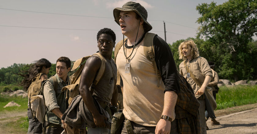 Joshua Odjick as Parker, Jordan Gonzalez as Harkness, David Jonsson as McVries, Cooper Hoffman as Garraty, and Charlie Plummer as Barkovitch in The Long Walk.