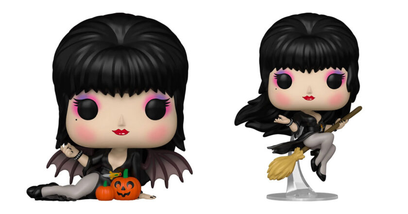 Elvira with pumpkins and Elvira with broom Funko Pop! figures