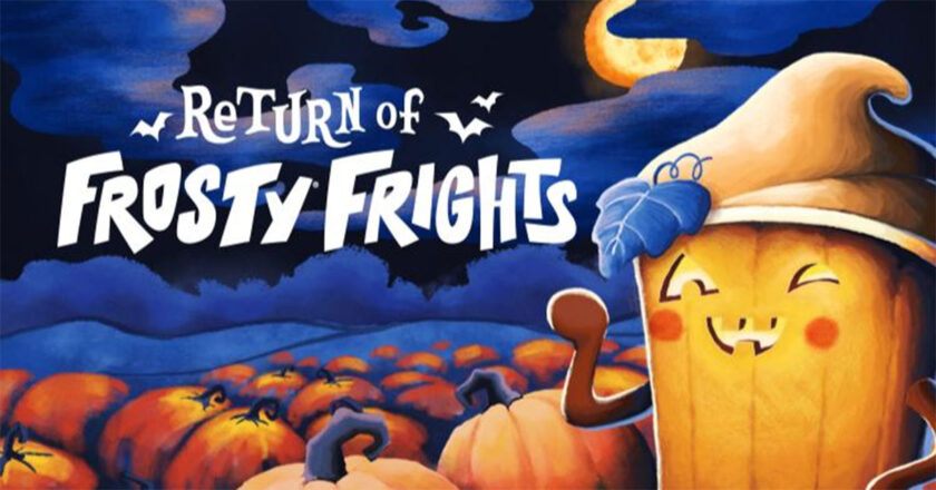Return of Frosty Frights key art featuring a jack-o'-lantern Frosty in a pumpkin patch at night