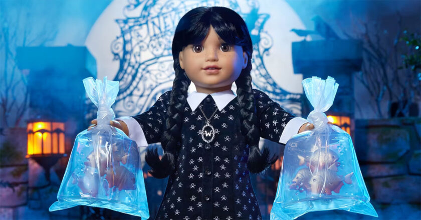 Wednesday Addams American Girl Doll with bags of piranhas