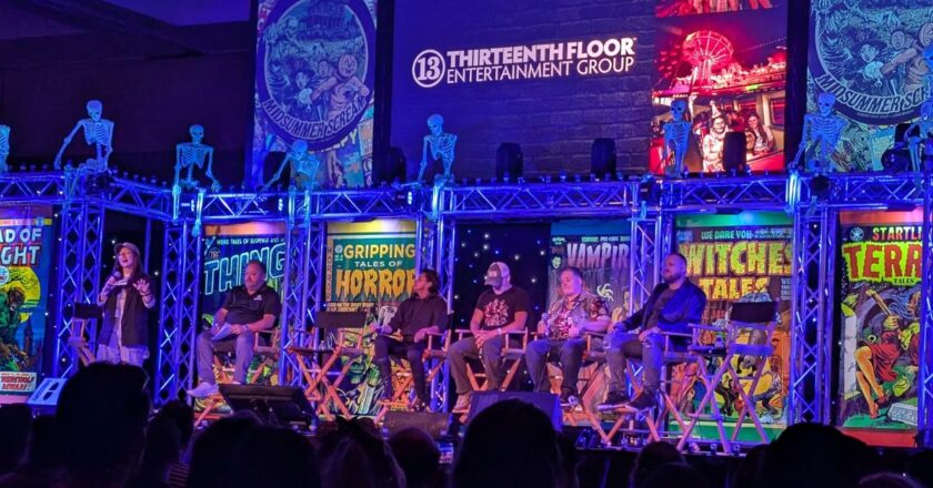 Fiona Rene. Chris Stafford, Melissa Carbone, Jon Braver, Amy Hollaman, and Brett Bertolino on stage at Midsummer Scream.